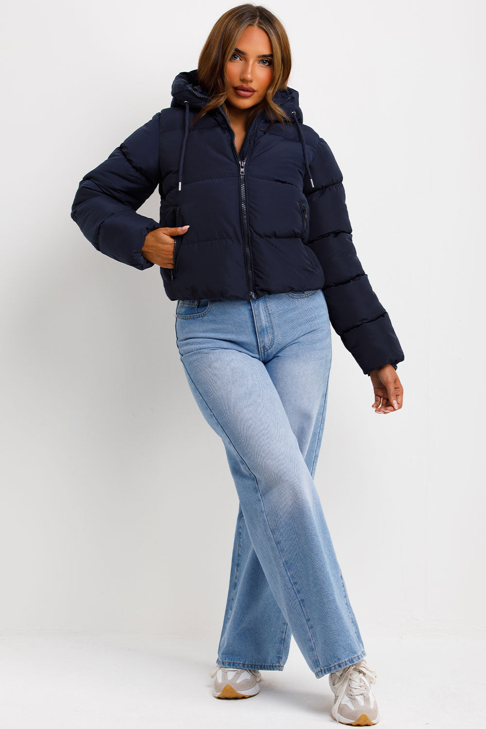 womens navy puffer jacket styledup