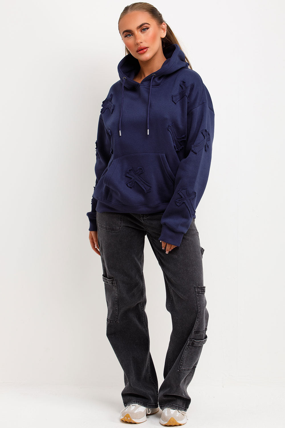 womens cross applique hoodie styledup