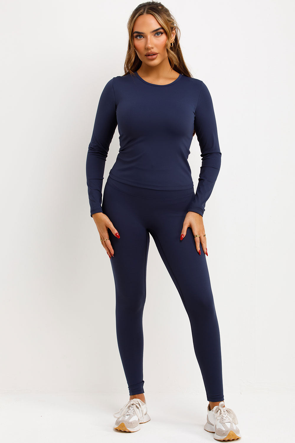 womens navy sports top and seamless leggings two piece co ord set skims uk