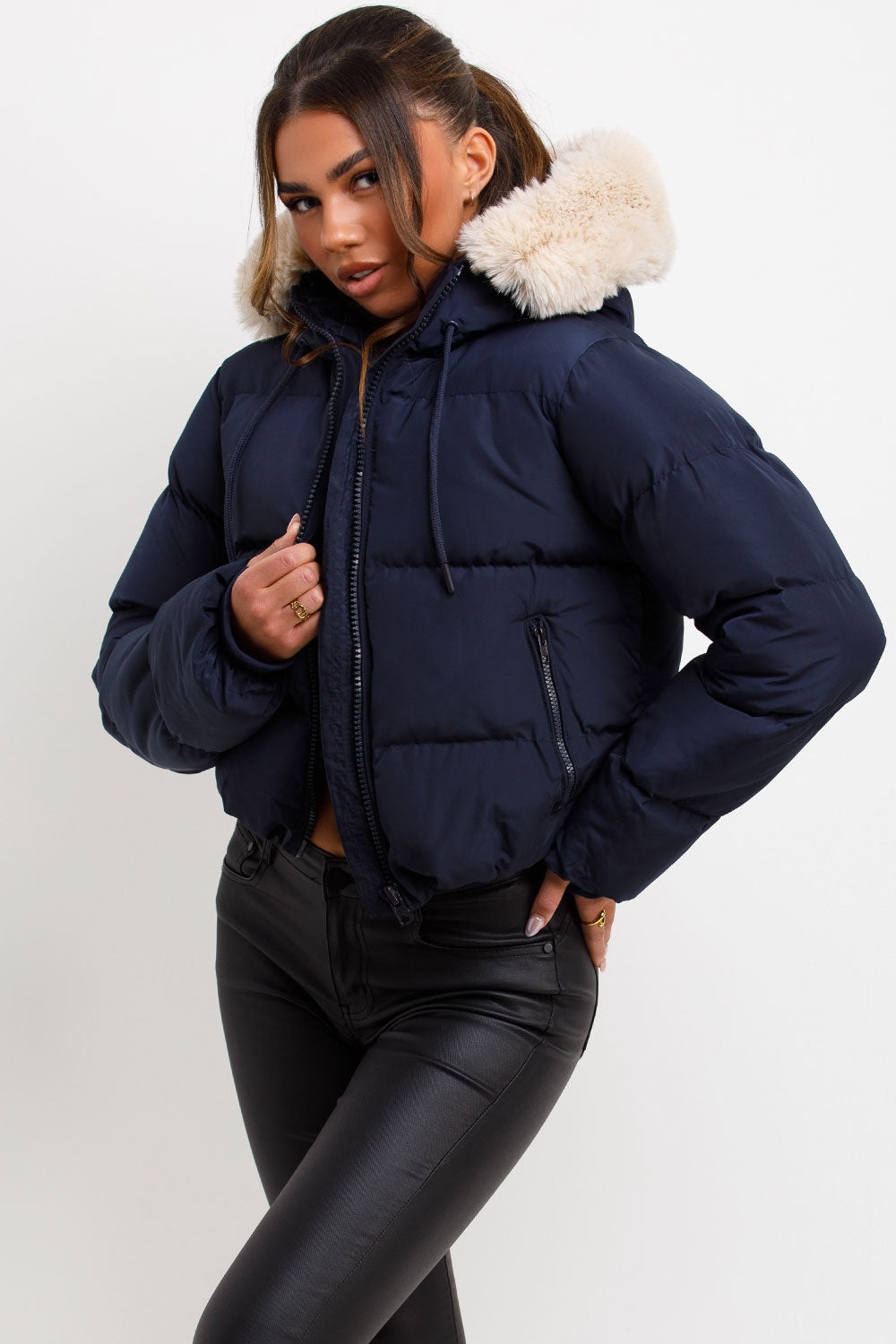 padded puffer jacket with faux fur hood for womens styledup