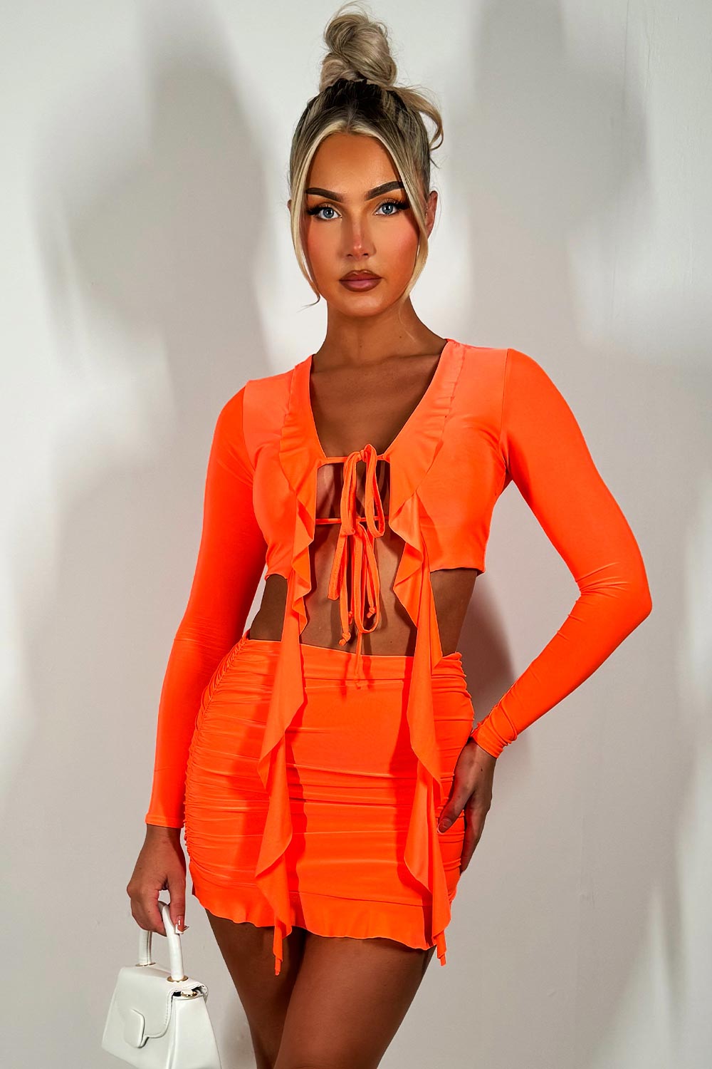 frilly tie front long sleeve crop top and mini skirt set festival going out holiday outfit