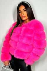bright pink cropped fur coat womens