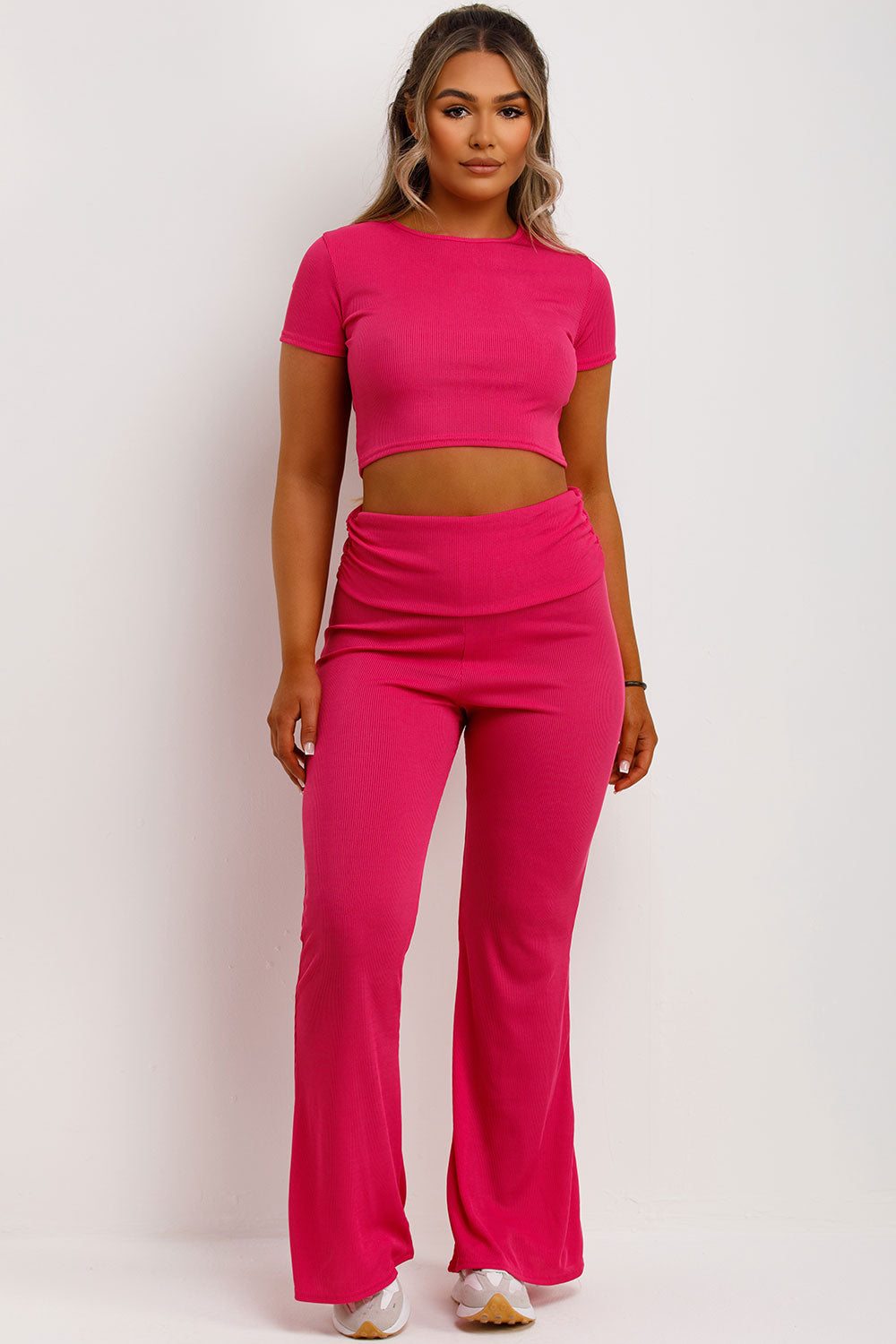 skinny flared trousers with fold over detail and crop top co order set
