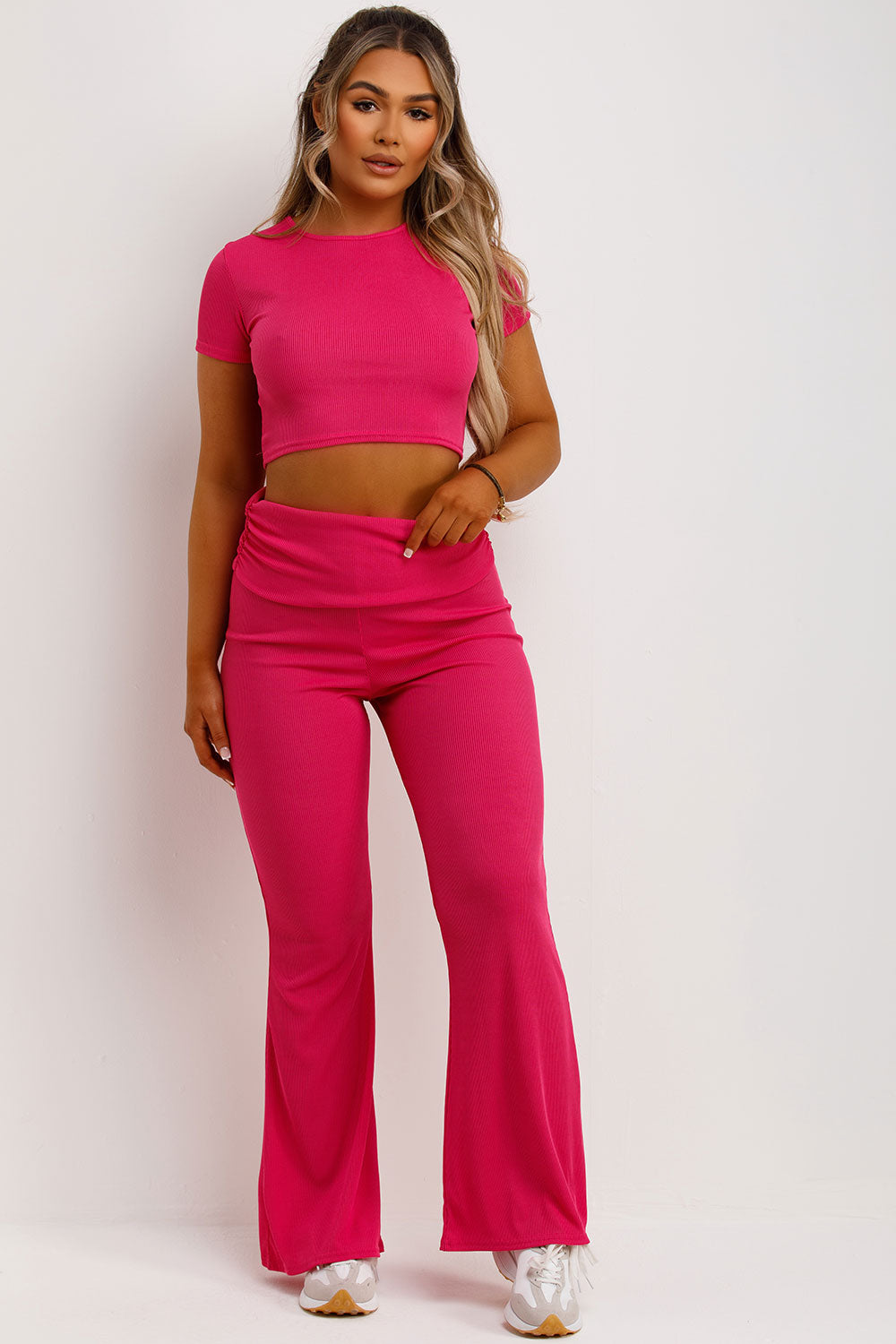 fold over ribbed skinny flared trousers and crop top co ord set
