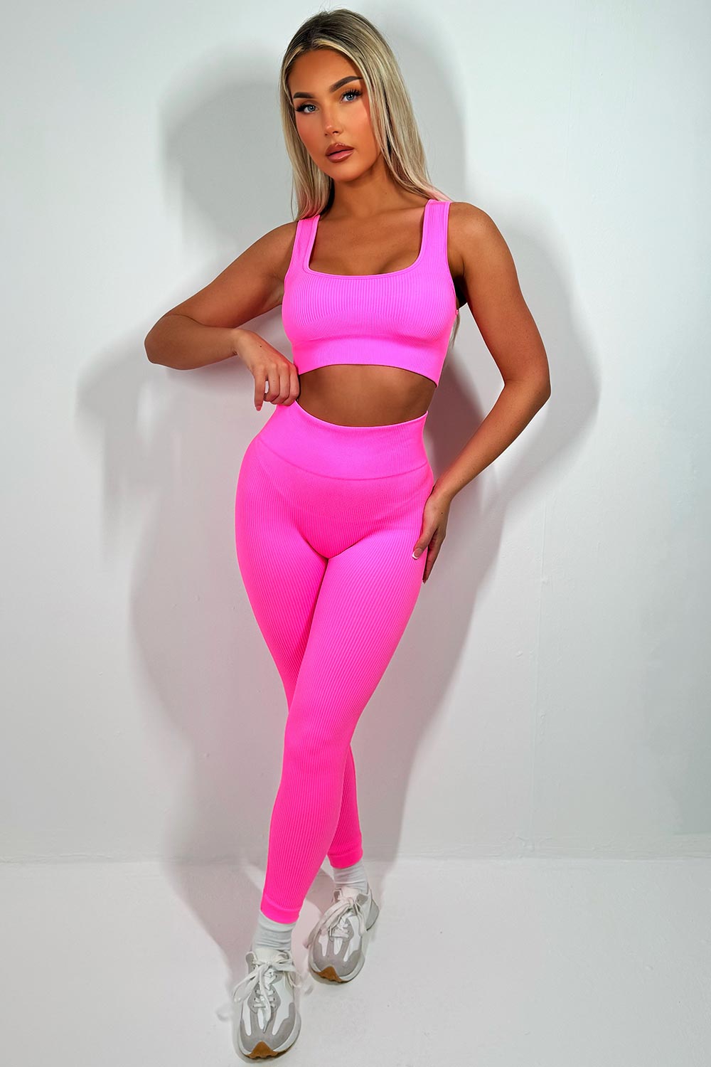 ribbed structured contour high waist seamless gym leggings and crop top co ord set