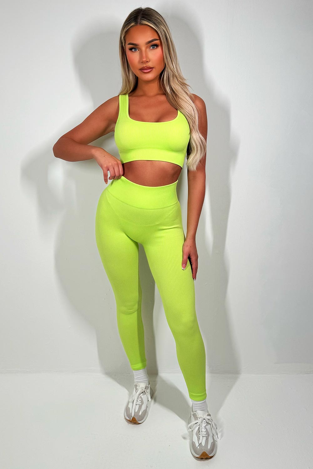 womens high waist ribbed gym seamless leggings and crop top co ord 