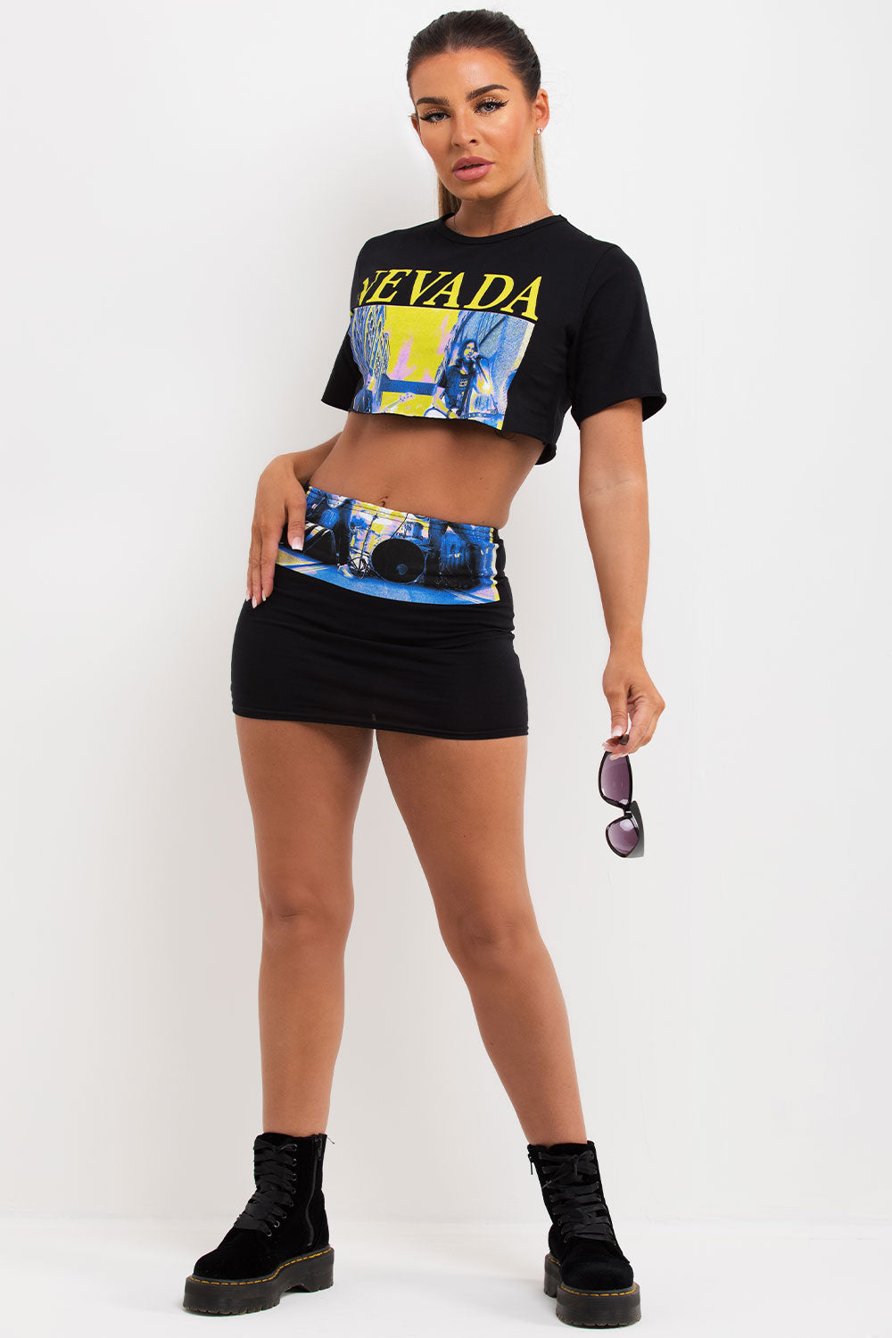 crop t shirt and mini skirt set