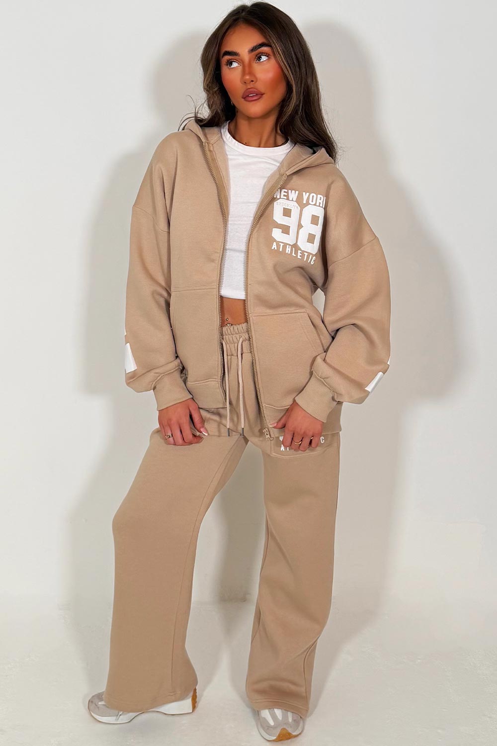 womens oversized zip up hooded sweatshirt and wide leg jogger loungewear set with new york athletic print styledup