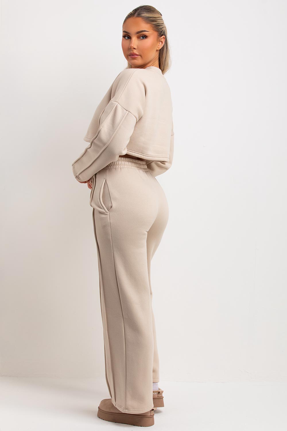 womens crop tracksuit sweatshirt and seam detail joggers co ord set