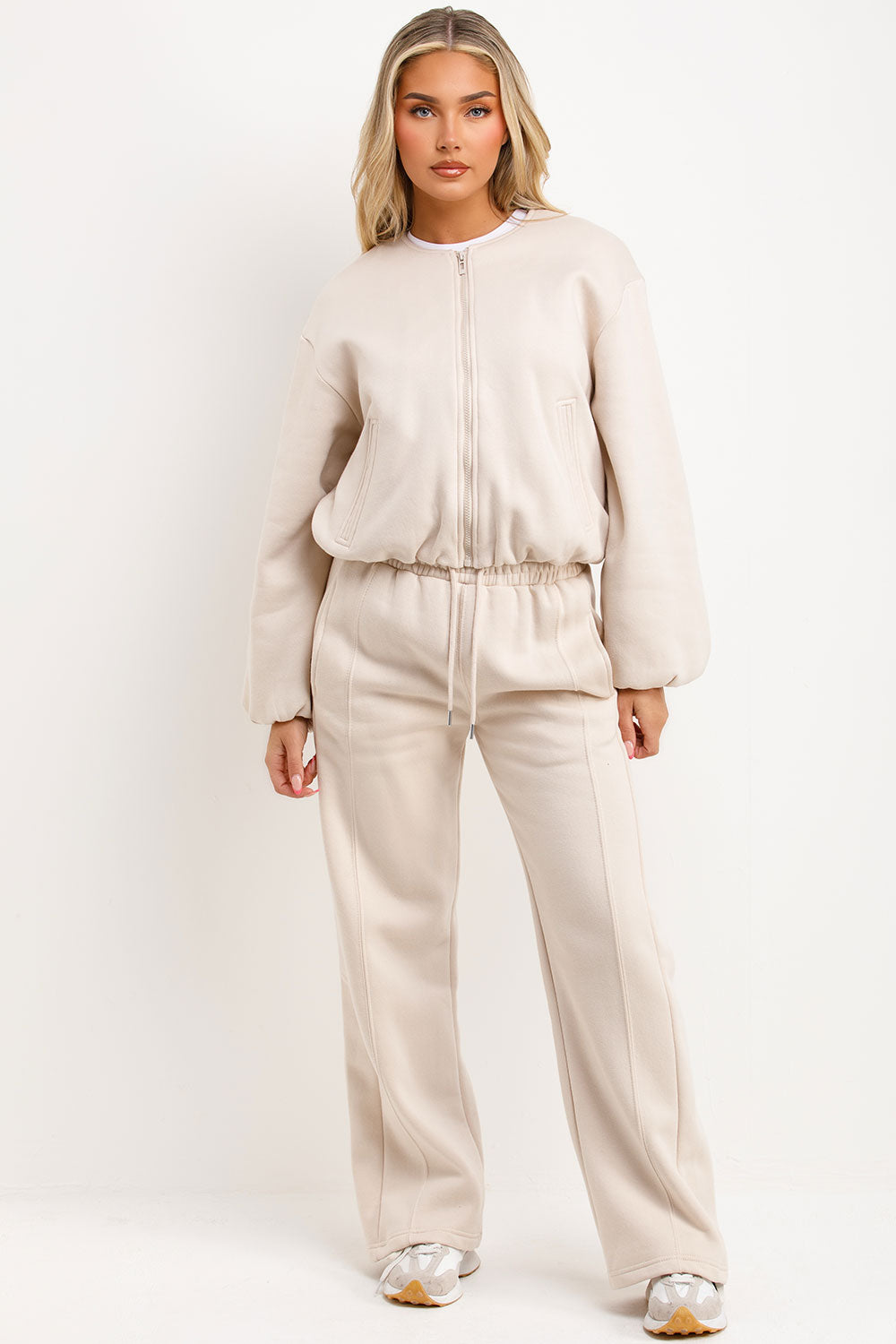 womens seam detail joggers and soft bomber jacket with elastic hem styled up fashion