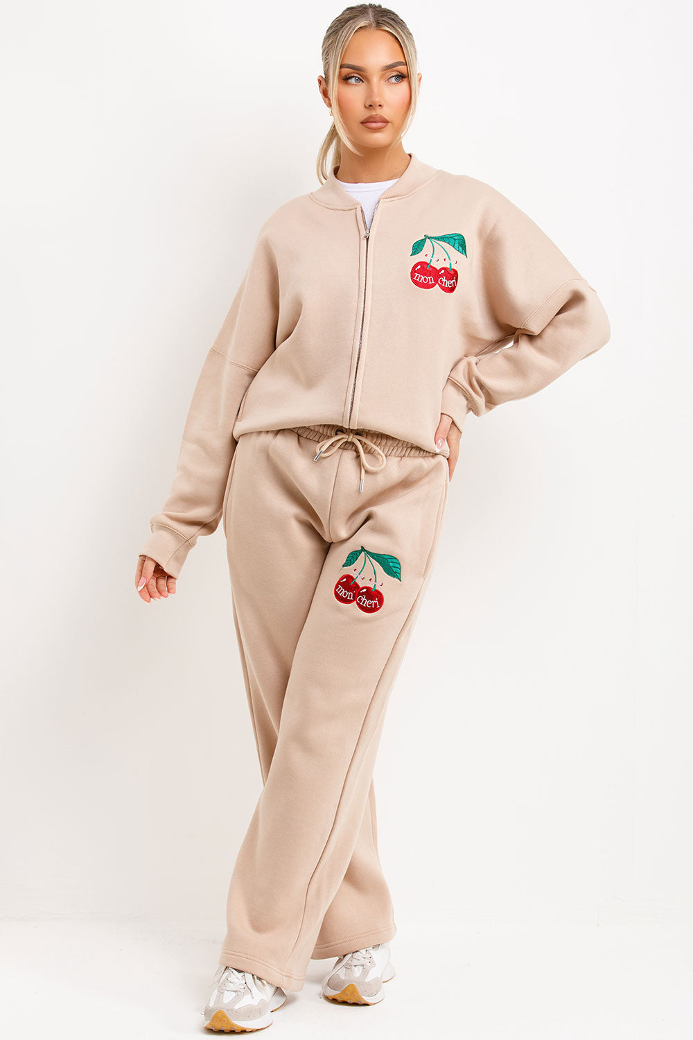 zara womens bomber sweatshirt with zip and straight leg joggers tracksuit set with mon cheri embroidery