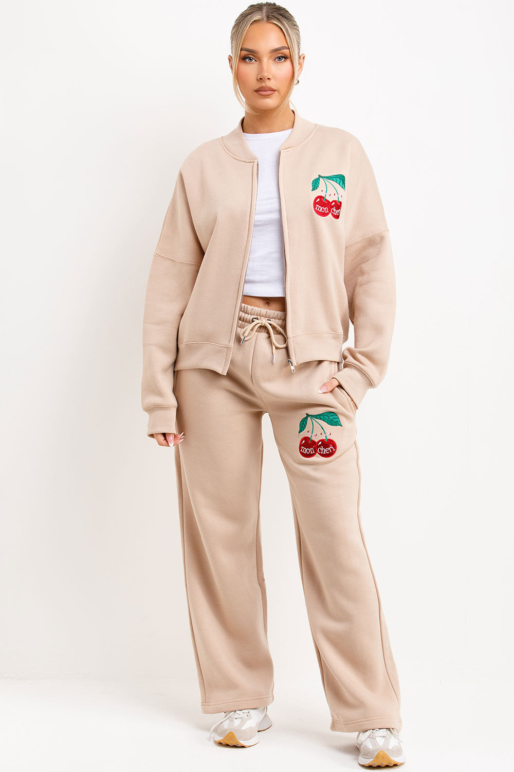 zara womens bomber sweatshirt and straight leg joggers loungewear set with mon cheri embroidery