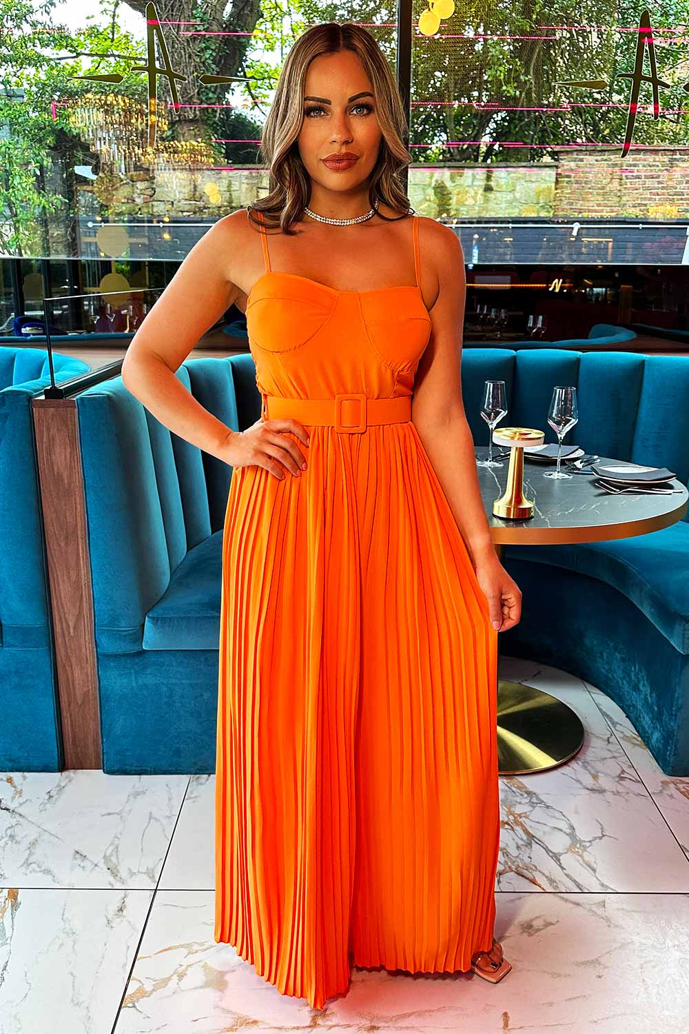 wide leg occasion jumpsuit with pleated leg