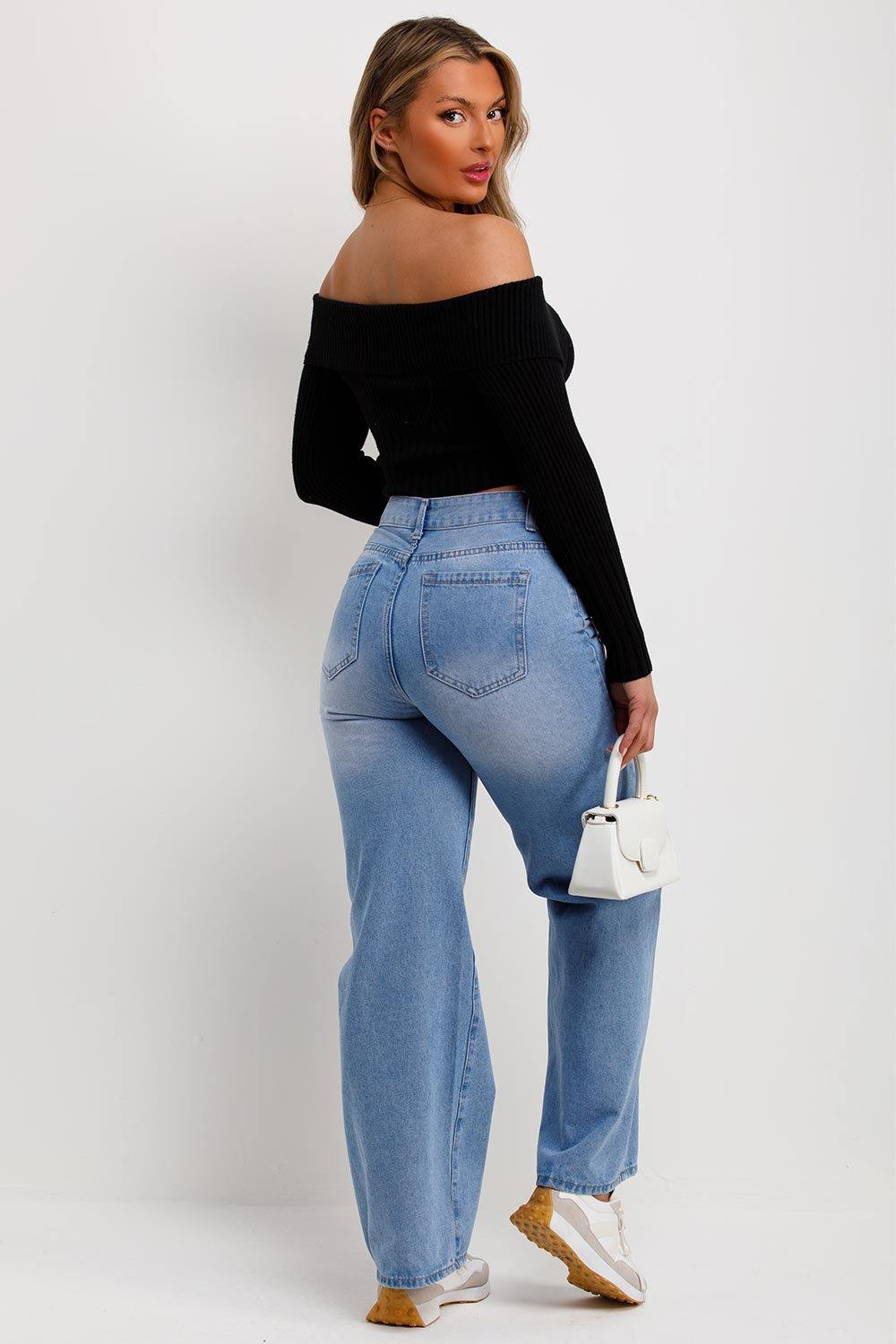 womens black long sleeve off shoulder jumper