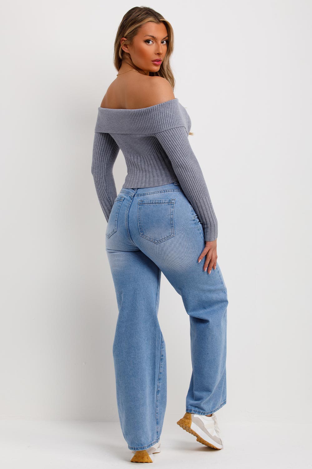 grey off shoulder jumper with fold over detail