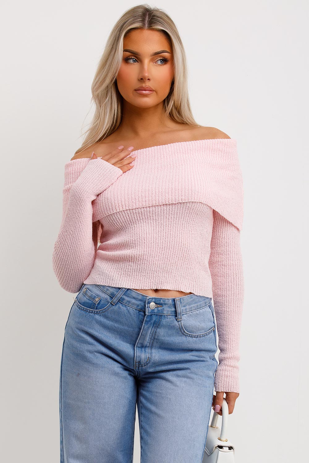 fold over off shoulder jumper with long sleeves