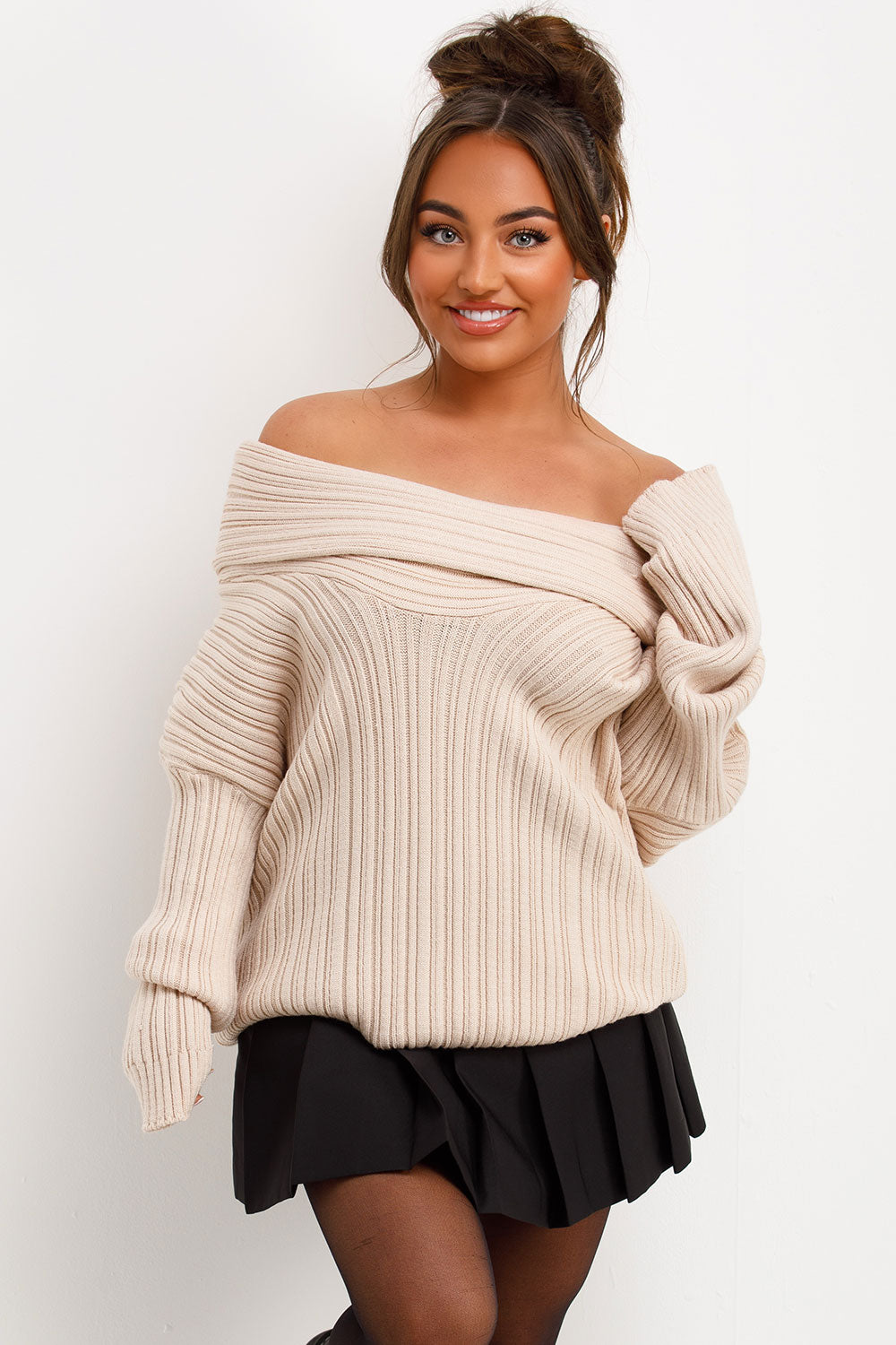 knitted long sleeve jumper with fold over off shoulder neckline