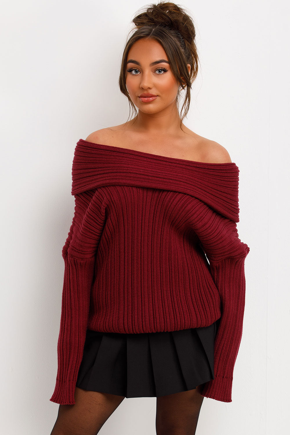 knitted jumper with fold over off shoulder neck line
