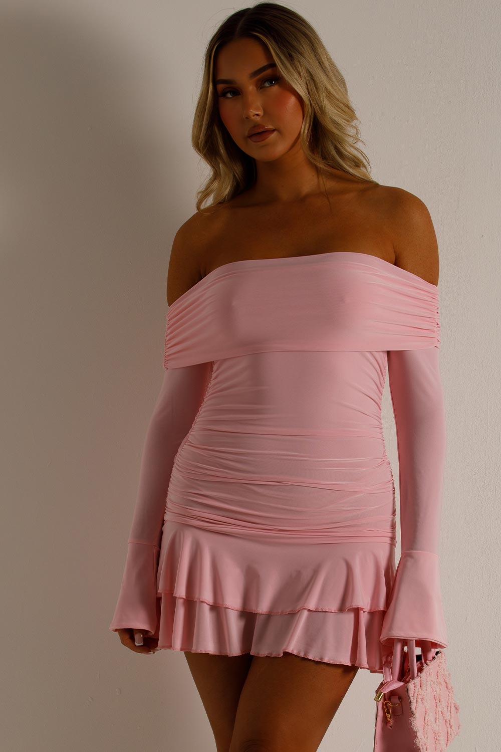 long sleeve bardot dress with frill ruffle hem