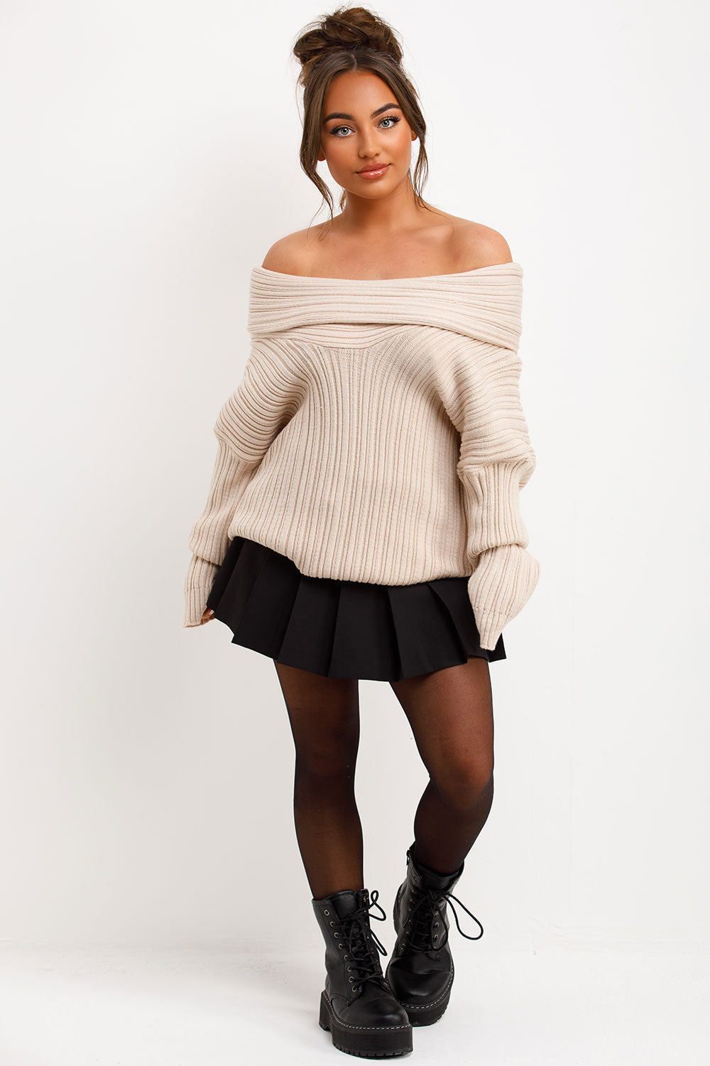 womens knitted jumper with fold over off shoulder neckline