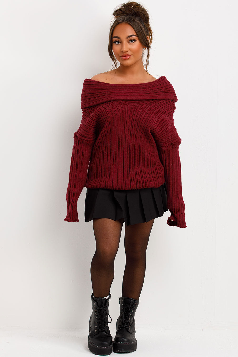 womens knitted jumper with fold over off shoulder neckline