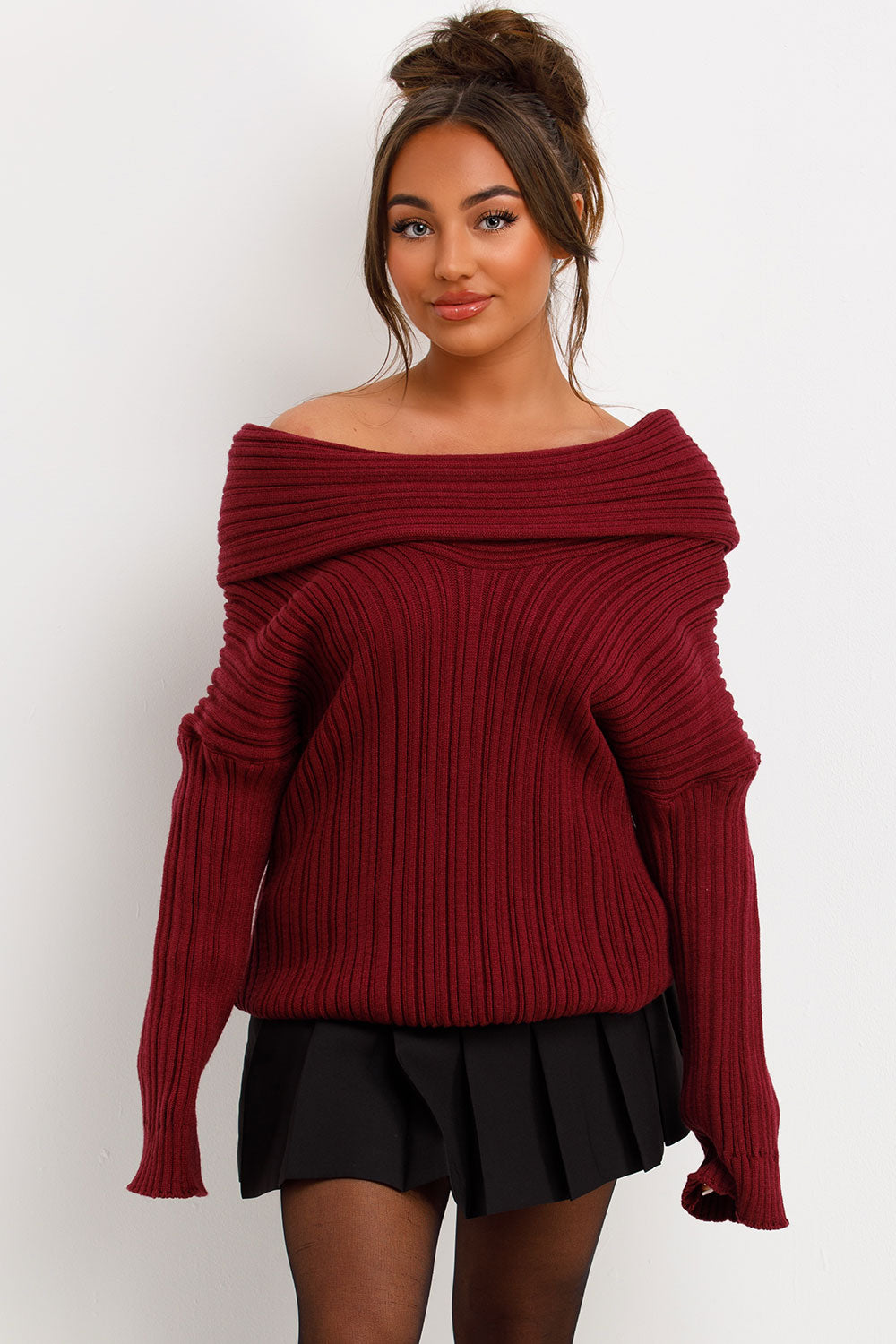 knitted jumper with off shoulder fold over detail burgundy