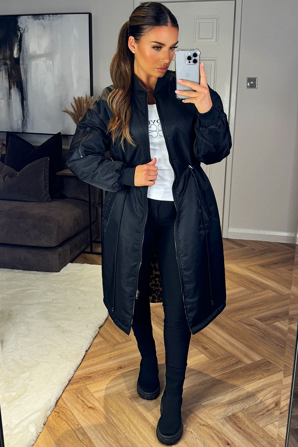 womens longline black parka coat leopard print