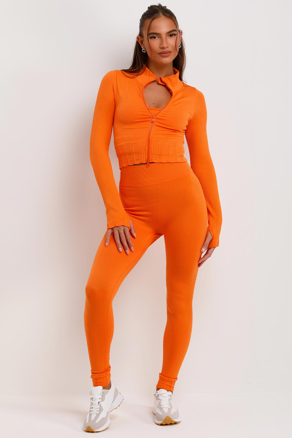 womens rib leggings top and crop jacket 3 piece gym set activewear co ord