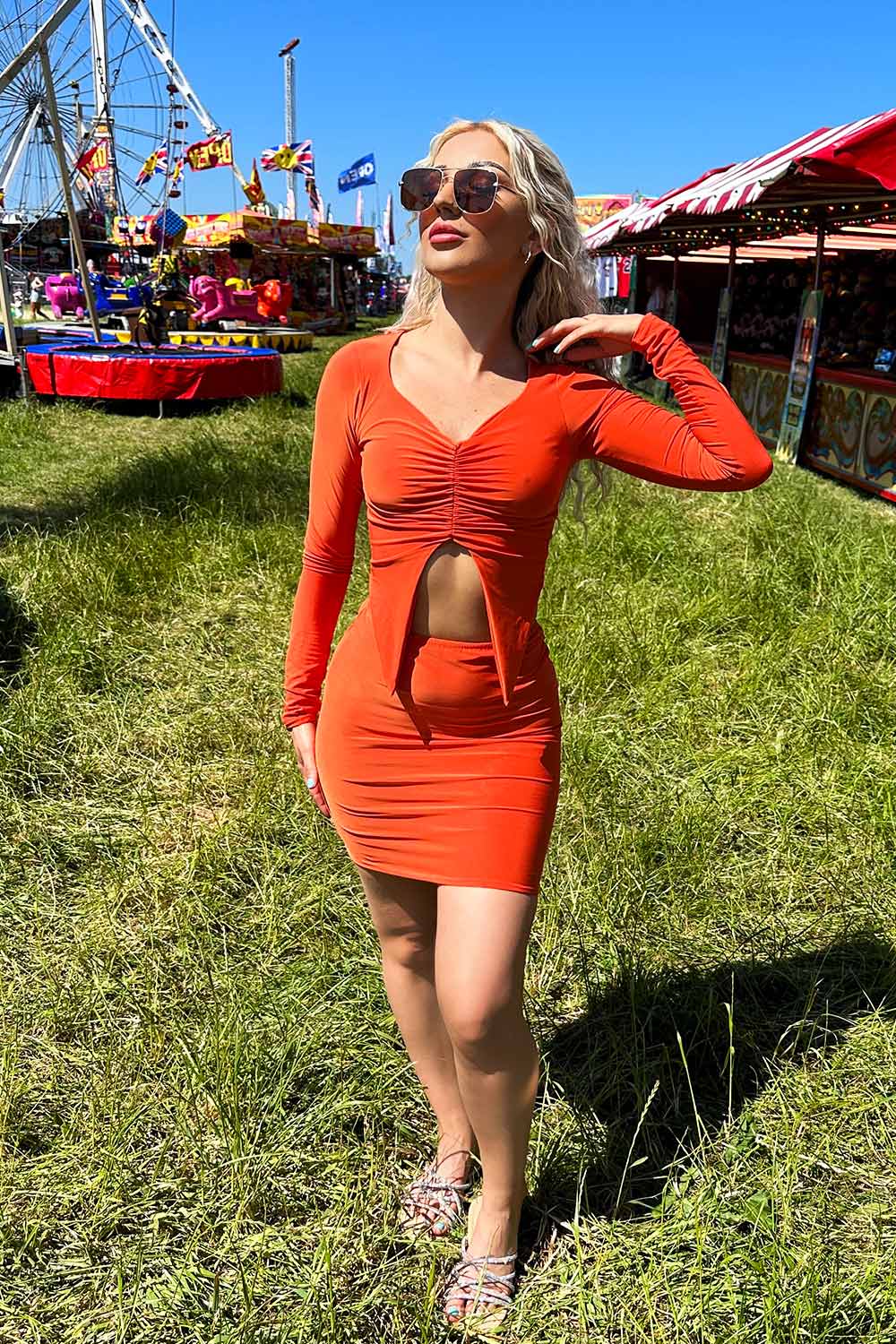 split hem crop top and ruched skirt co ord two piece summer festival going out outfit