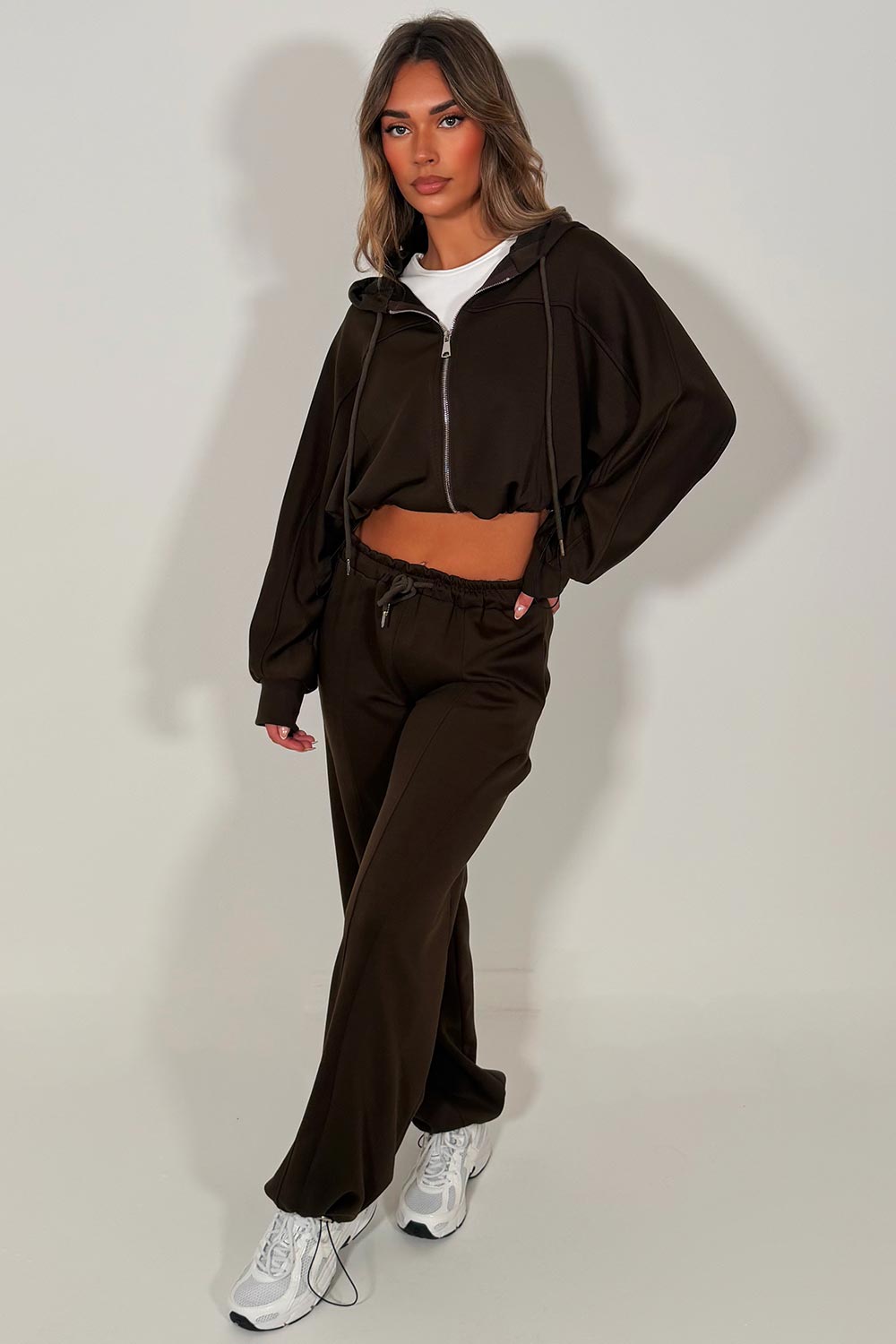 womens brown zip up oversized hoodie with adjustbale drawstring waist and matching oversized joggers with adjustable drawstring hem tracksuit loungewear set styledup