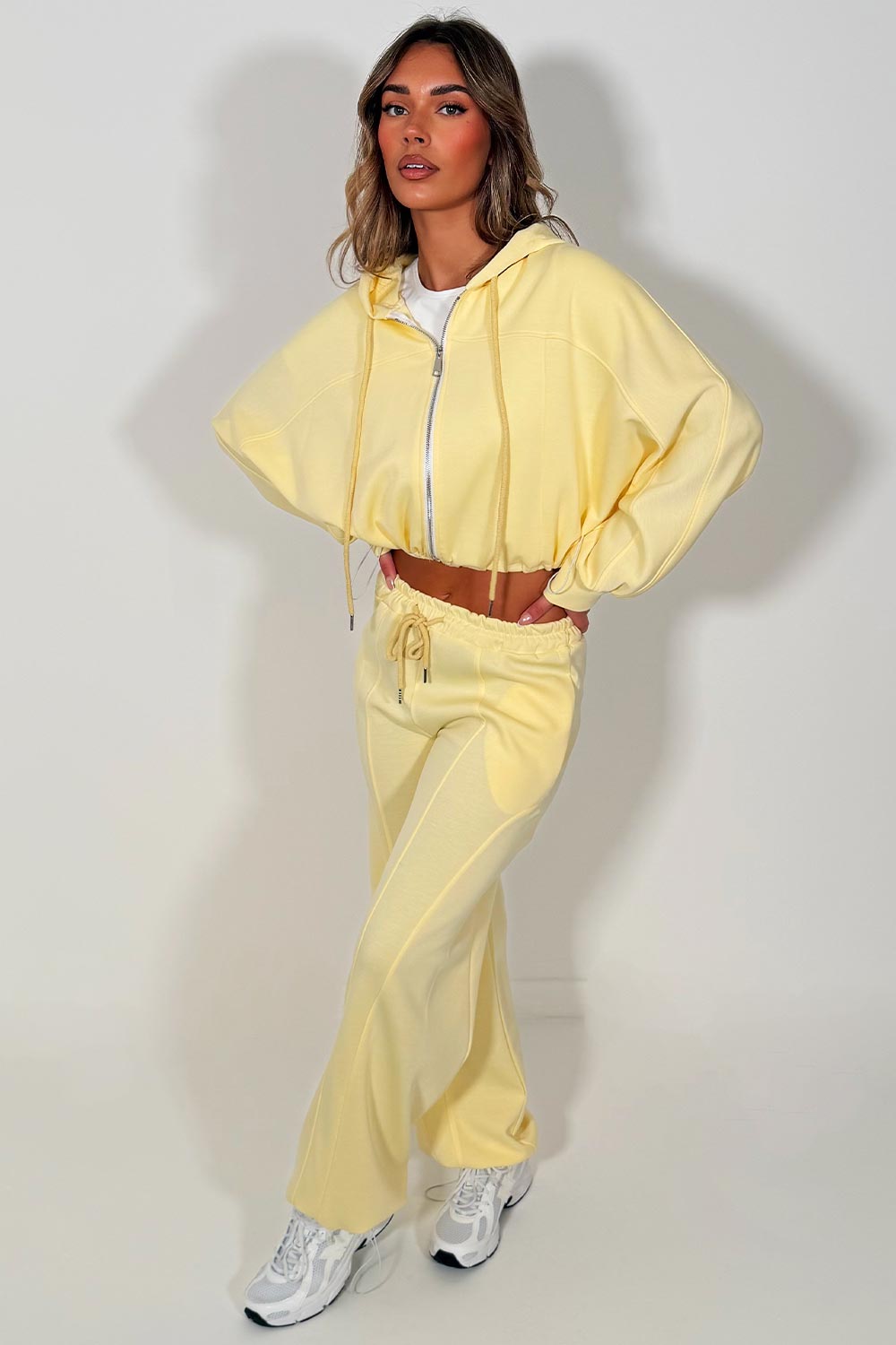 womens yellow zip up oversized hoodie with adjustbale drawstring waist and matching oversized joggers with adjustable drawstring hem tracksuit loungewear set styledup