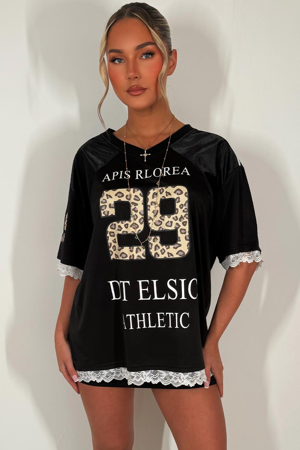 pink oversized t shirt with v neck lace trim styledup