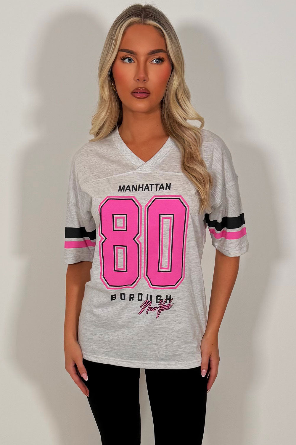womens baseball jersey t shirt with manhattan 88 print everyday casual outfit styledup uk