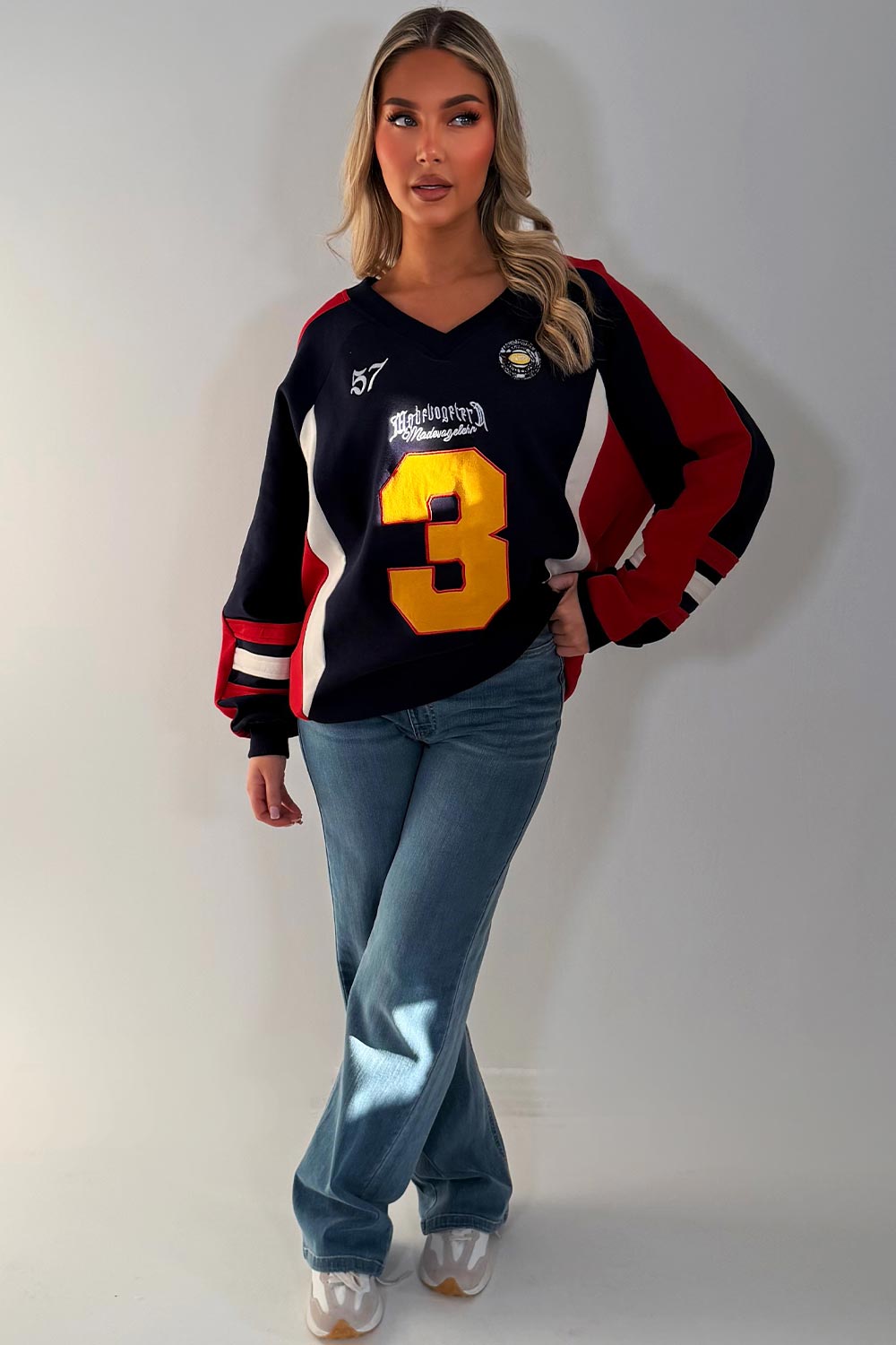 womens oversized sweatshirt athletic baseball jumper styled up