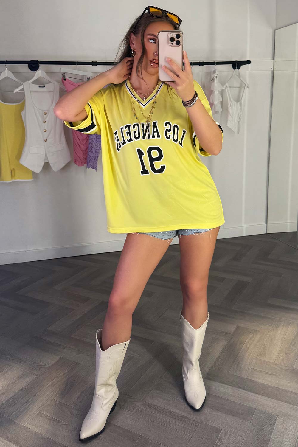 womens 91 los angeles slogan oversized jersey t shirt yellow
