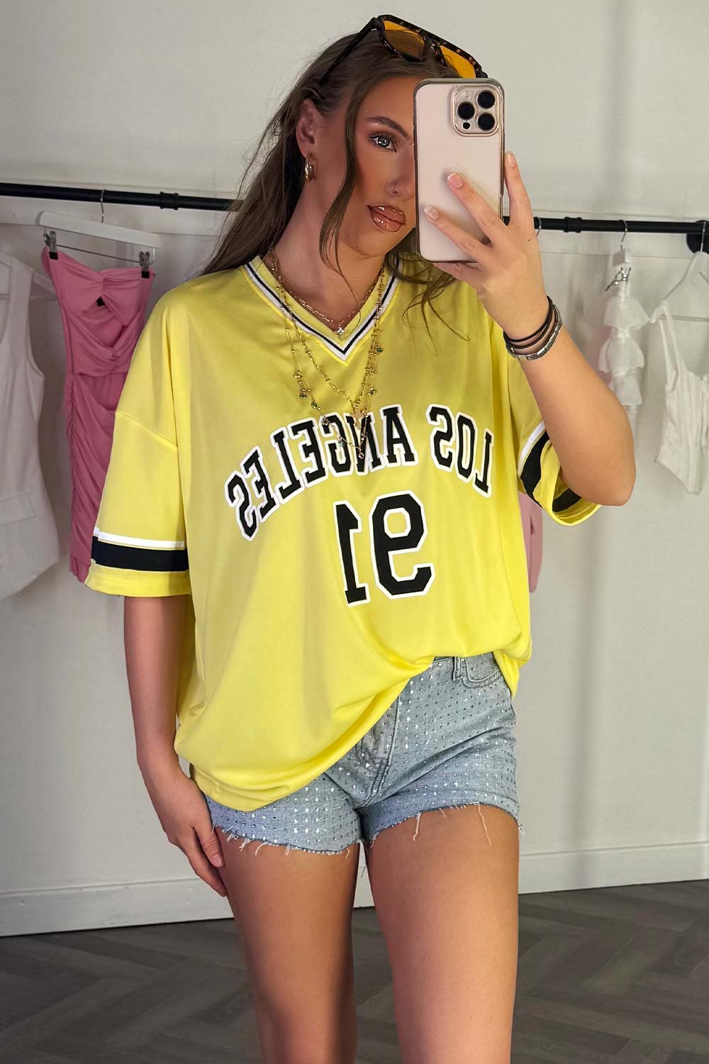 los angeles print oversized oot ball jersey t shirt yellow