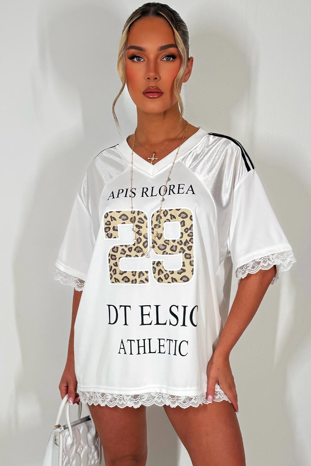 pink oversized t shirt with v neck lace trim styledup