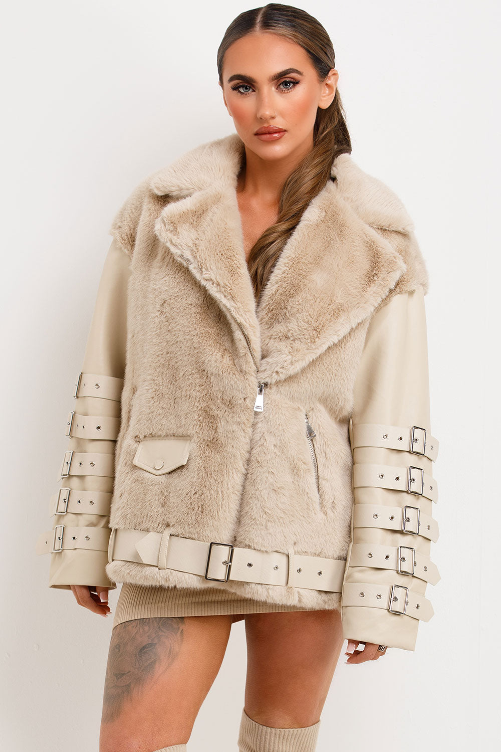 faux leather aviator jacket with belt buckle detail on sleeves styledup womens