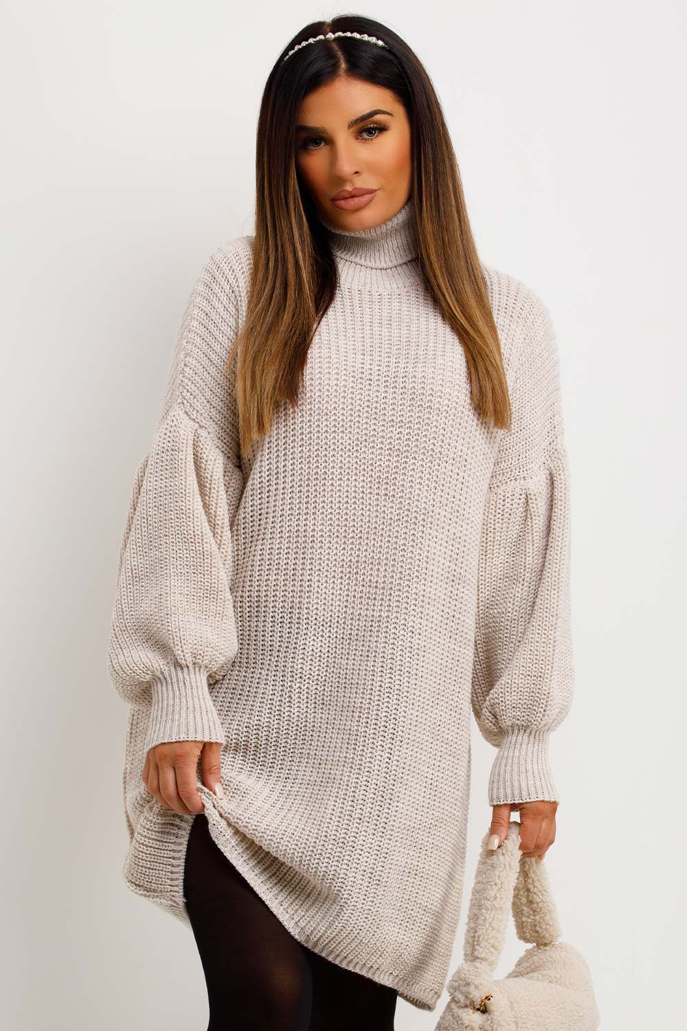 christmas jumper dress with roll neck and long sleeves