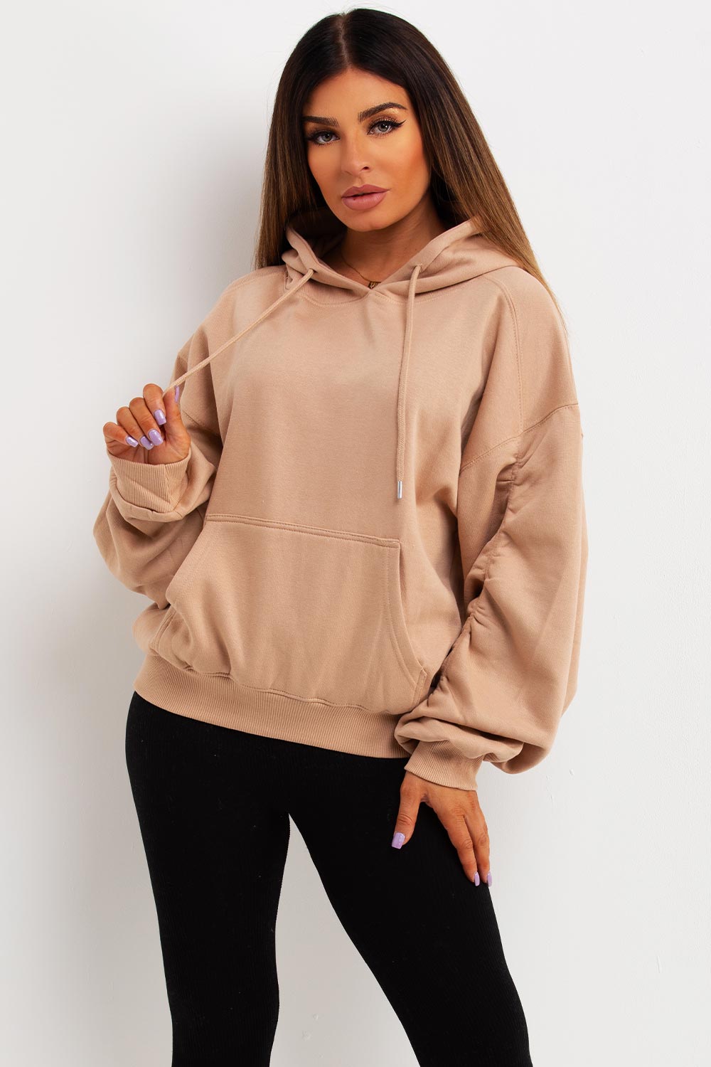 womens hooded sweathsirt with ruched gathered sleeves uk sale