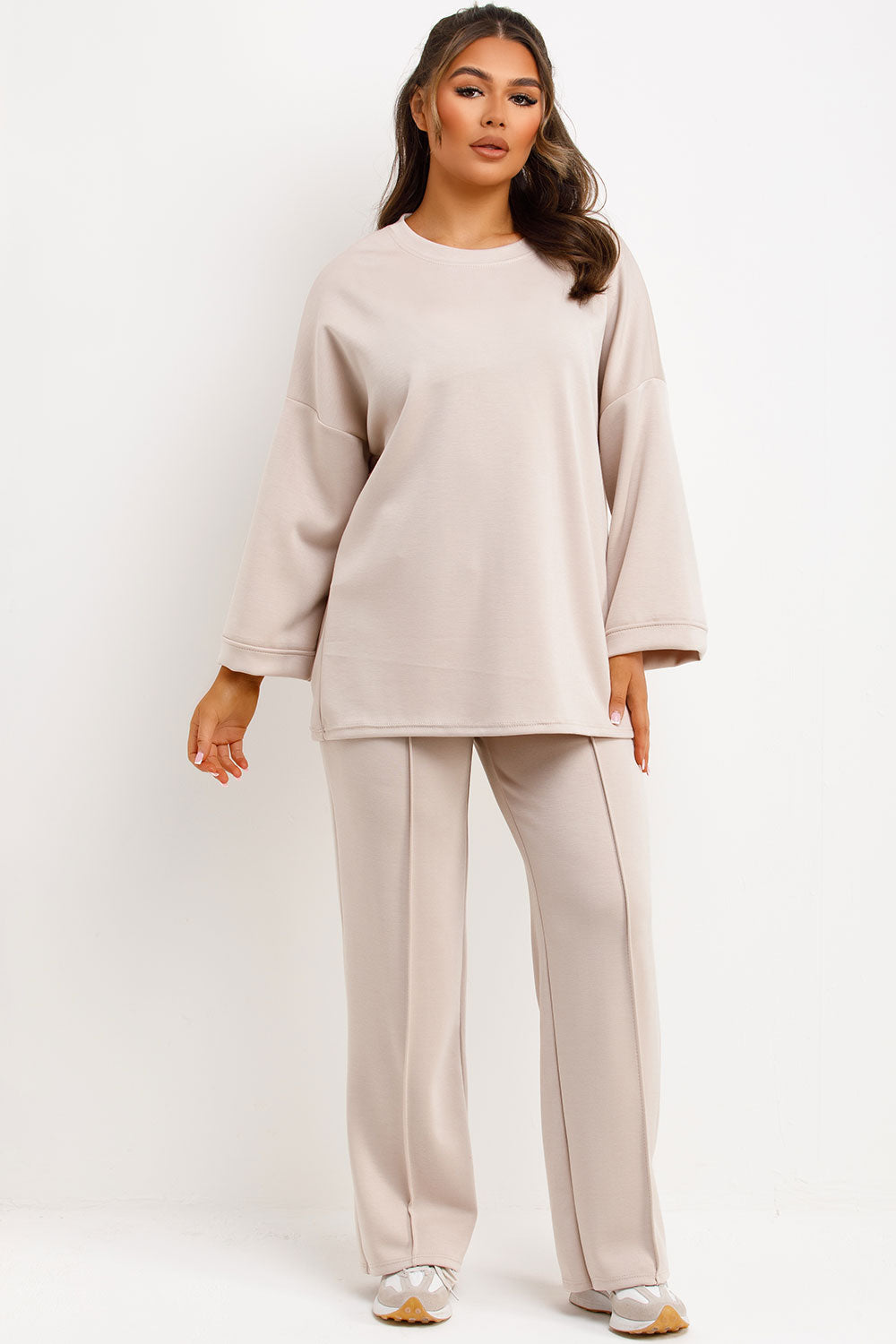 seam detail trousers and long sleeve top co ord loungewear set beige