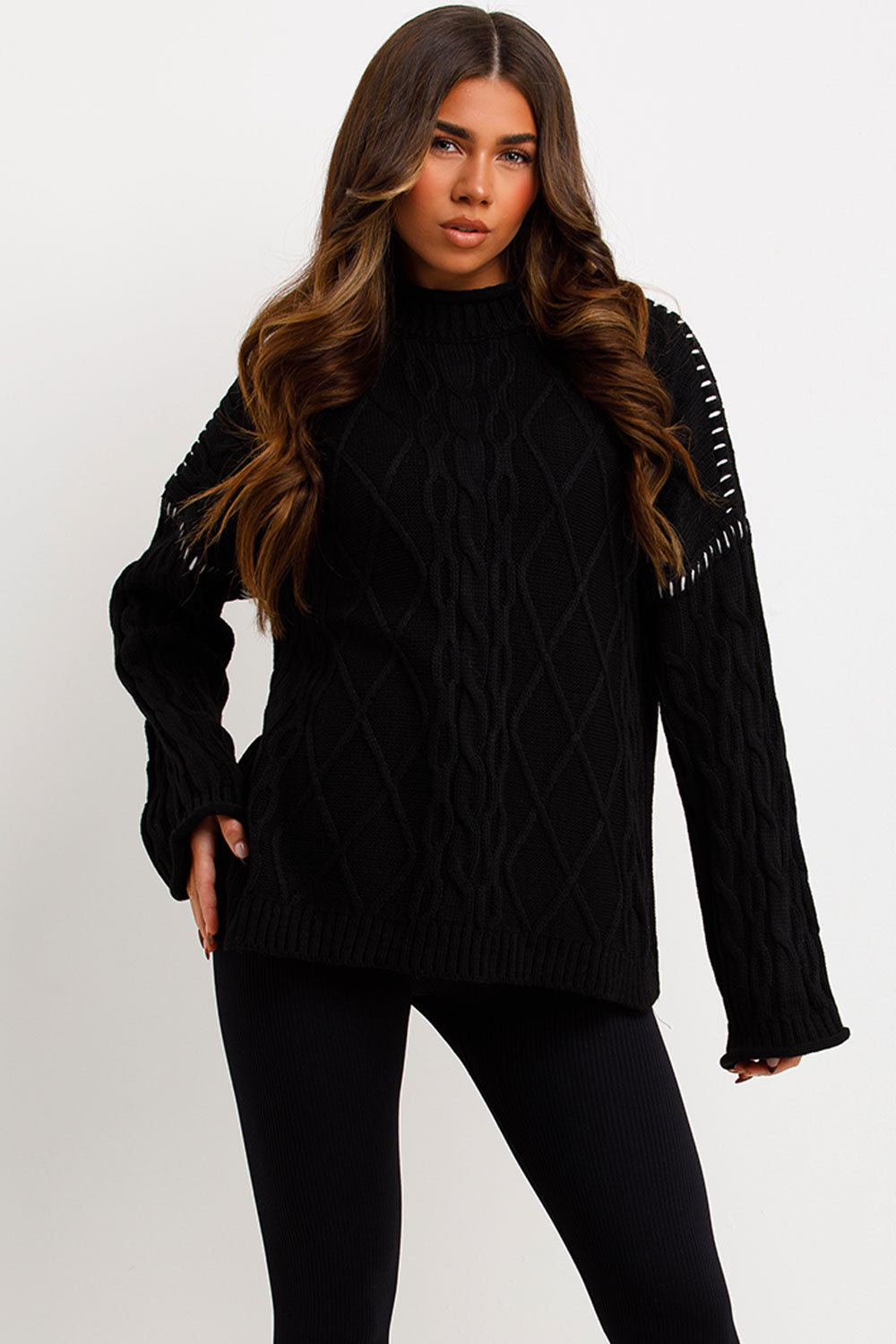 womens long sleeve knitted jumper with contrast stitches