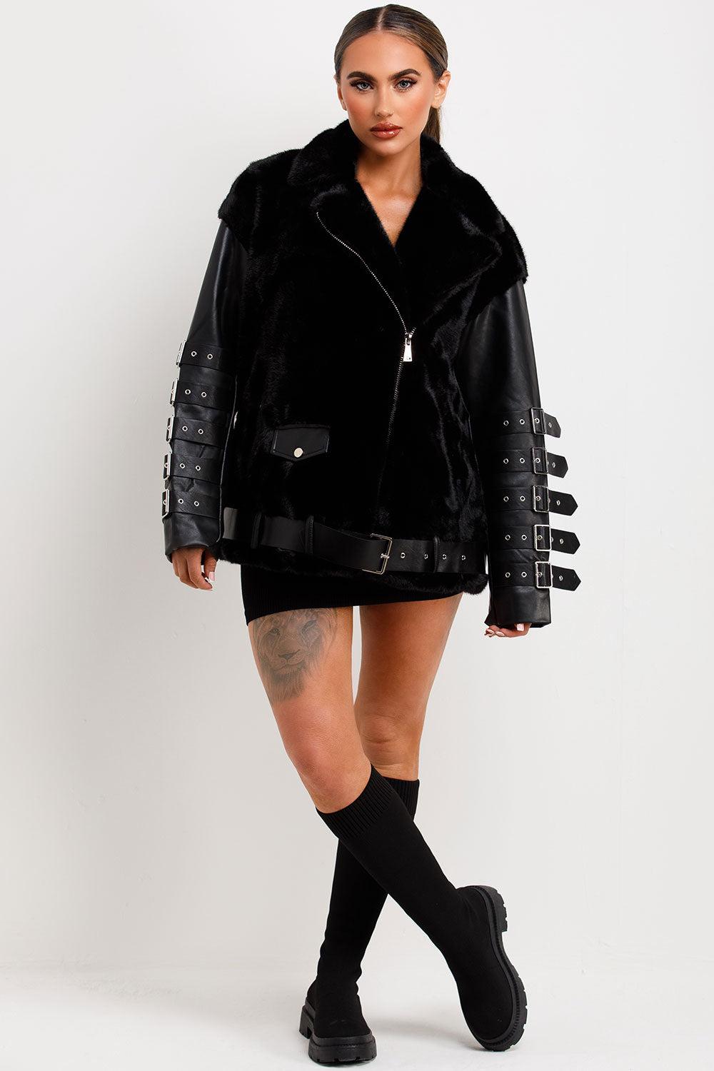 faux leather faux fur aviator jacket womens