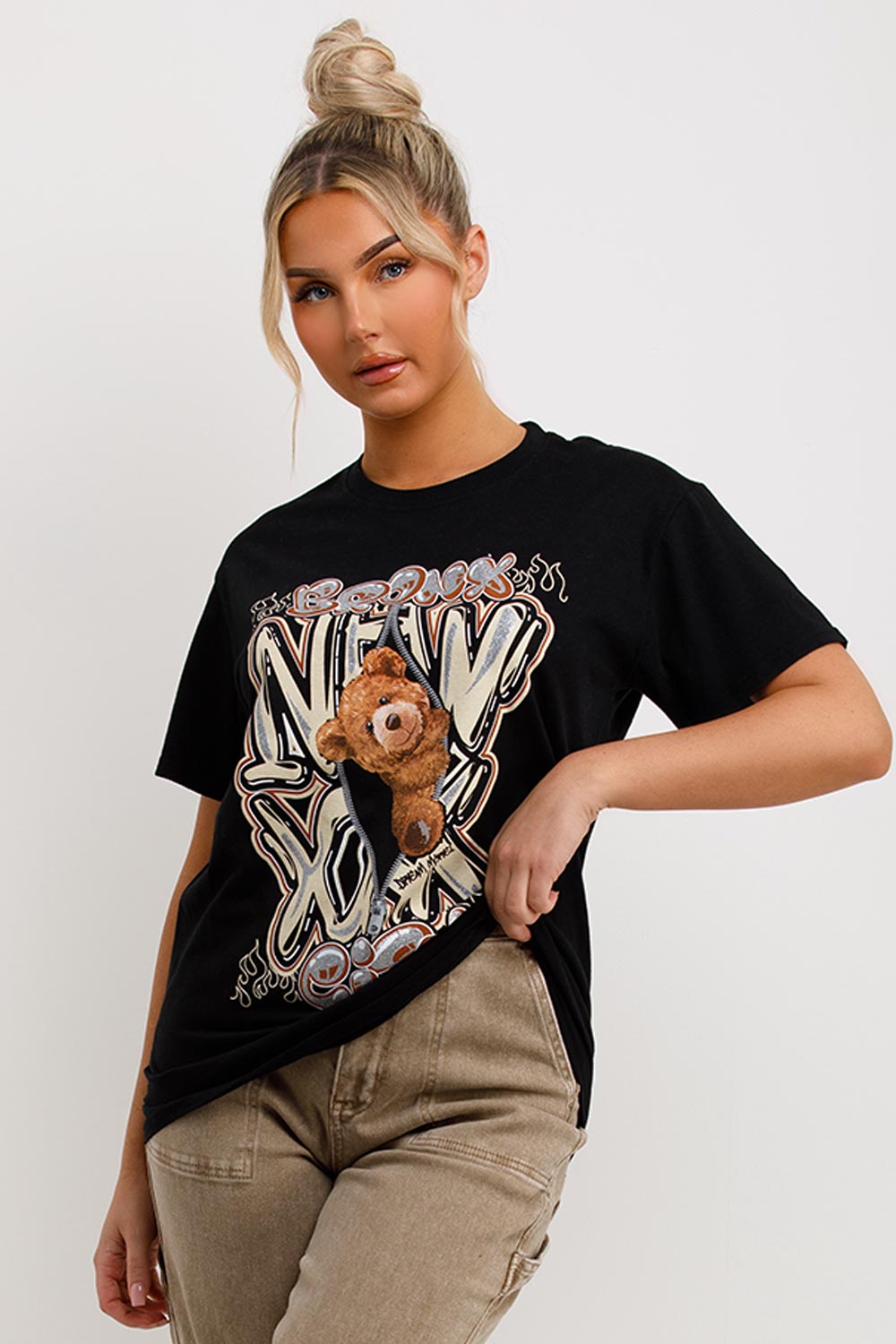 womens black t shirt with teddy bear graphics