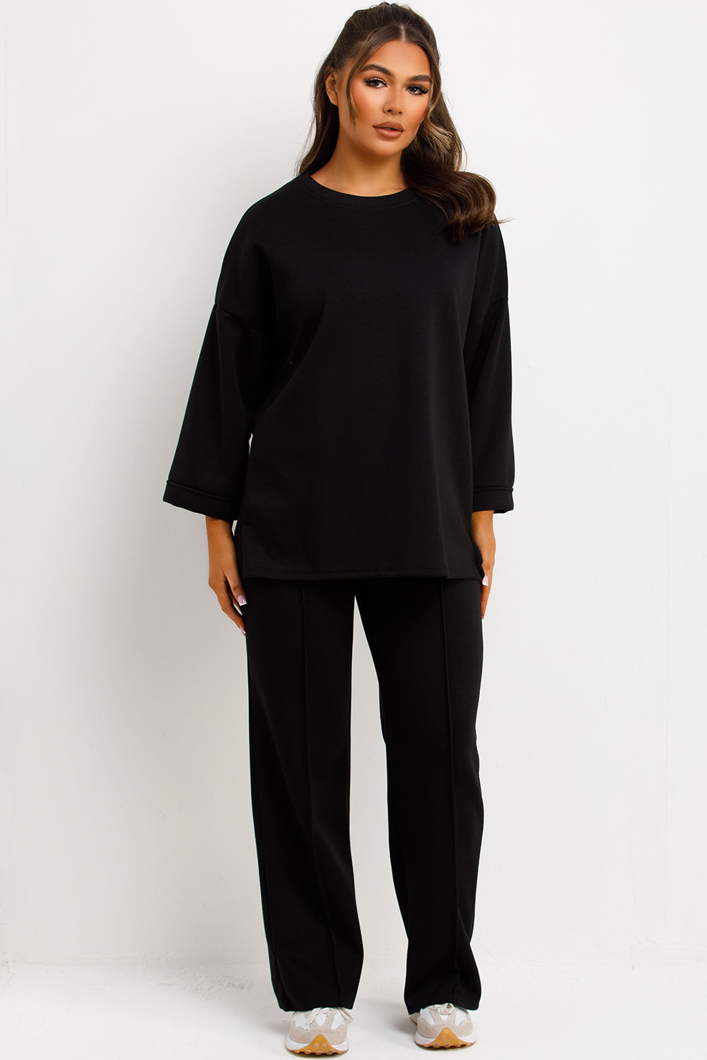 seam detail trousers and long sleeve top co ord loungewear set black