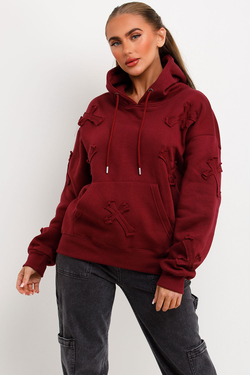womens cross applique hoodie styledup