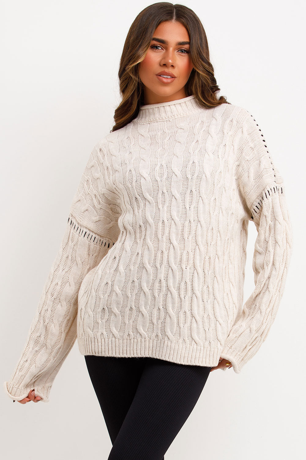 contrast stitch cable knit jumper beige