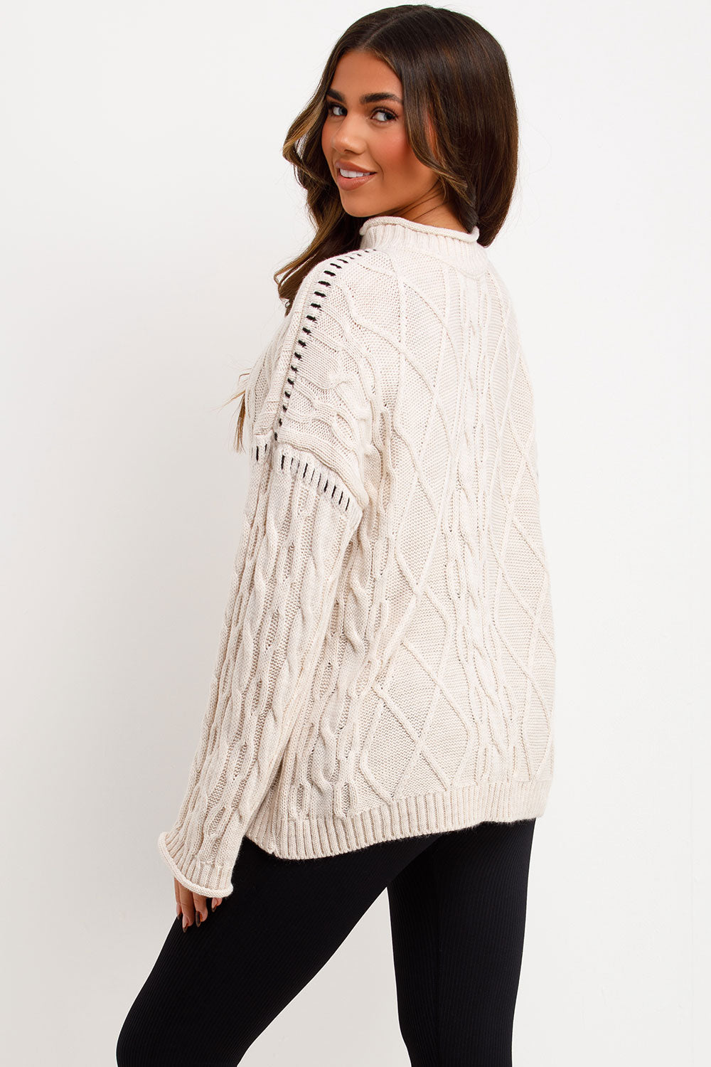 womens cable knit jumper with contrast stitches styled up
