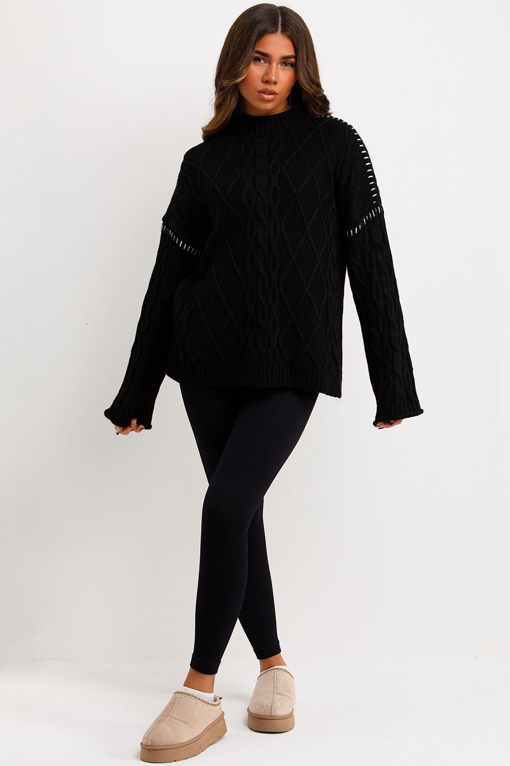 contrast stitch cable knit jumper black
