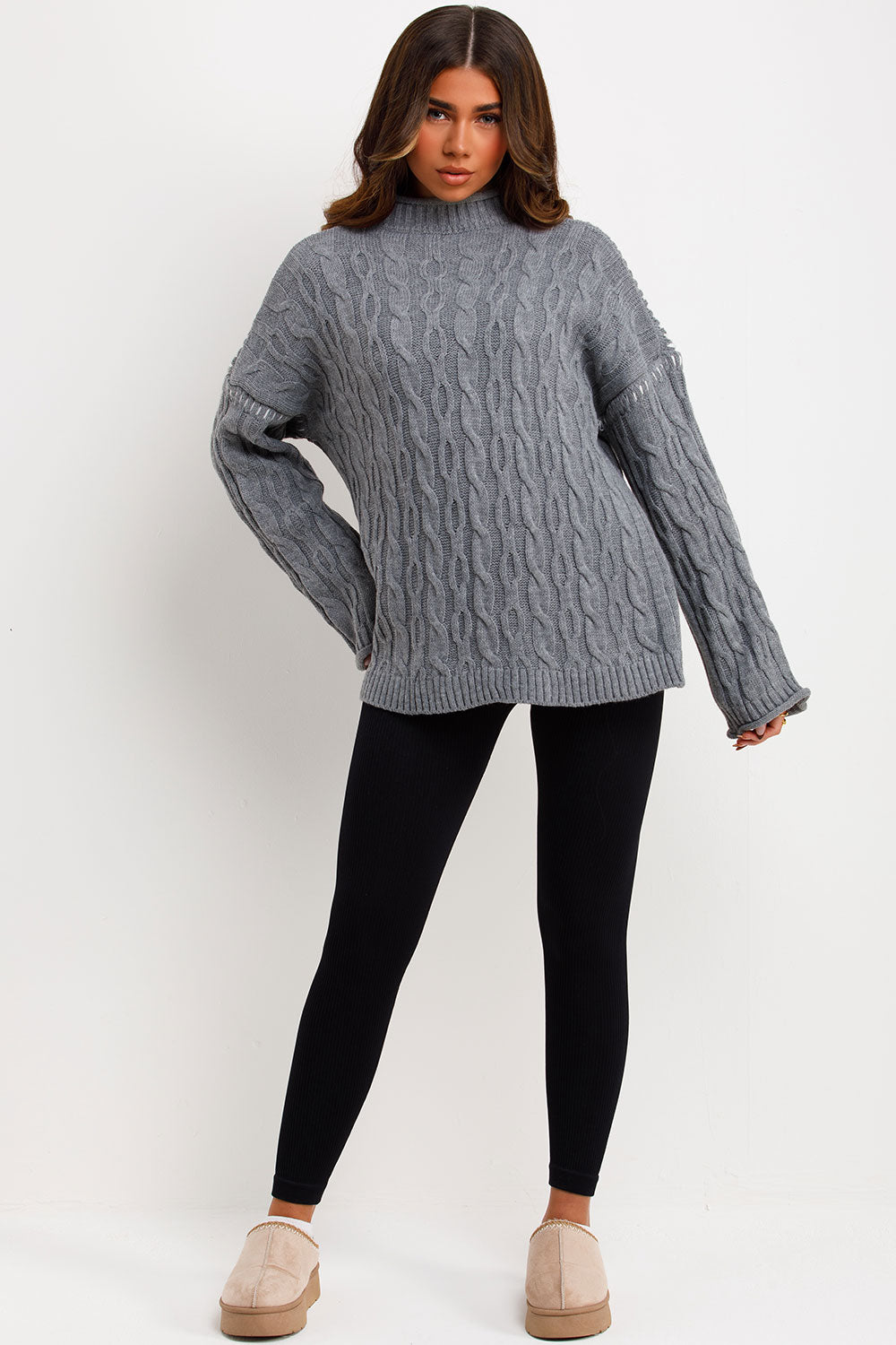 contrast stitch cable knit jumper grey
